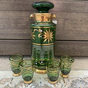 Vtg Bohemian Emerald Green Gold Decanter Set - 5pc Czech 1960s - ORIG STICKER